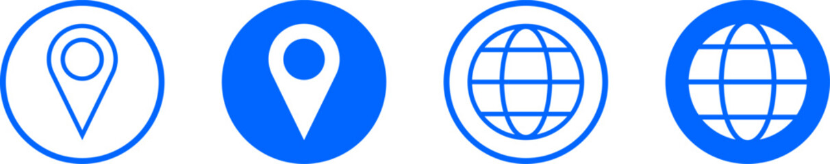 Set of Blue and White Round World Globe Earth Web Map and Location Pointer Pin or You Are Here Marker Sign Button Icon Set. Vector Image.