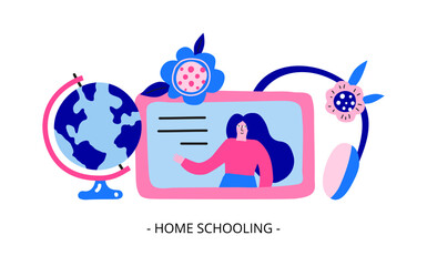 Horizontal banner with big headphones, tablet, teacher, flowers, leaves.