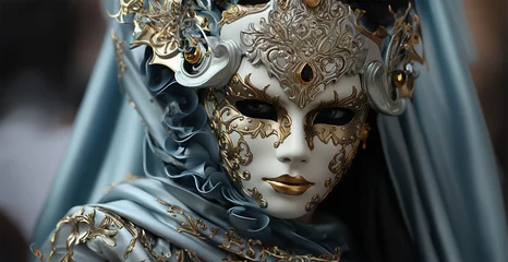Türaufkleber Image of a mysterious man in a beautiful carnival white mask with gold, standing against the backdrop of the famous Venetian canals.  © Margo_Alexa