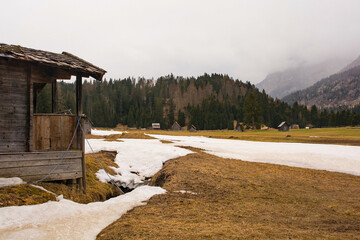 The early spring landscape around the Alpine village of Cima Sappada in Carnia, Udine Province,...