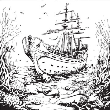 sea ship sailing in ocean coloring book pirates ship drawing vector