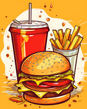 Colored fast food pop art style poster. Burger with french fries and drink restaurant style artwork