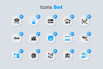 Set Internet piracy, Exclamation mark in triangle, Network cloud connection, Browser window, Speech bubble chat, Security camera, Computer vision and Cloud database icon. Vector