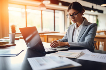 Young business woman employee or executive manager using computer looking at laptop and check  business papers  for online training working in office.
