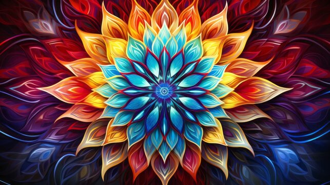 Fototapeta Hypnotic fractal mandala pattern in colorful neon colors as background illustration