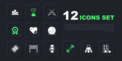 Set Badminton shuttlecock, Sports doping with dumbbell, Heart rate, Dumbbell, Medal star, Volleyball net, Award cup and Smart watch heart icon. Vector