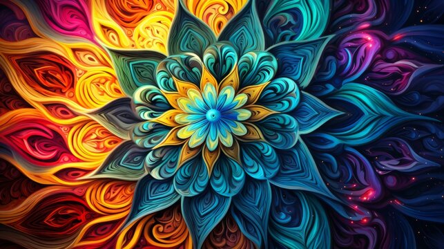 Hypnotic fractal mandala pattern in colorful neon colors as background illustration