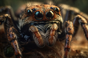 Super macro image of Jumping spider (Salticidae, Hyllus diardi male), at high magnification, Created using generative AI tools.