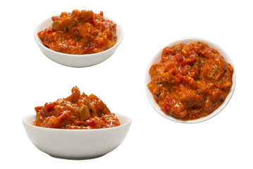 Vegetable stew in a bowl isolated on white background.