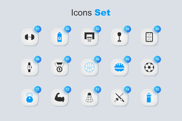 Set Fencing, Medal, Fitness shaker, Weight, Soccer football ball, Dumbbell and Basketball icon. Vector