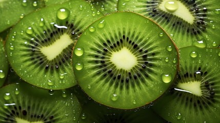 kiwi slices with water background. Close up, water drops. Generative AI