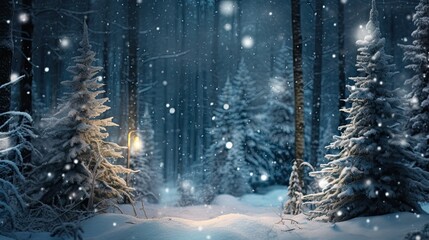 Snow gently falling in a serene winter forest, creating an enchanting atmosphere for the holiday season - Generative ai