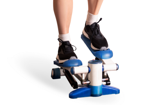 Home fitness. A woman training on a stepper close up photo isolated invisible png or white background
