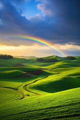green meadow and glade with a rainbow in the sky. summer colorful landscape. serenity and joy. sky with clouds