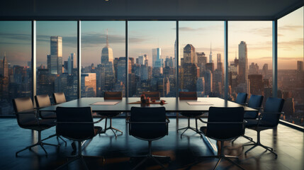 Fototapeta premium A conference room with a view of a cityscape