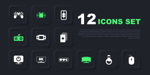 Set Bottle with magic elixir, Computer mouse, Portable video game console, monitor, Game controller joystick, and life bar icon. Vector