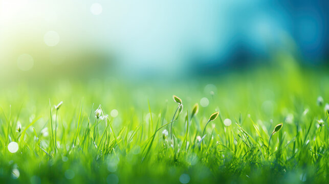 natural green background with selective focus, Spring summer background with frame of grass and leaves on nature.