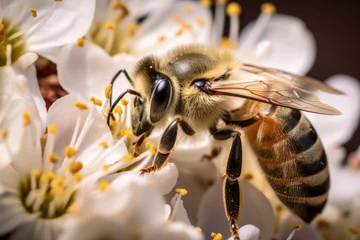 Foto op Canvas Close-up captures a bee meticulously collecting pollen, its tiny legs dusted with golden grains, emphasizing nature's intricate dance © Patryk