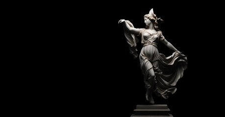 Marble Greek Goddess on a black background with copy space. - obrazy, fototapety, plakaty