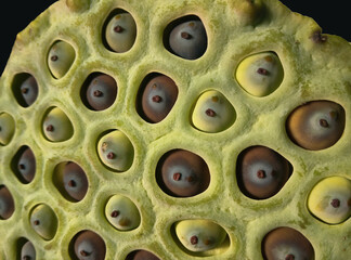 Green lotus pod with green and black seeds close-up with selective focus.