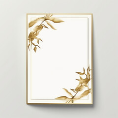 Wedding invitation card template luxury design with gold frame and nature leaf