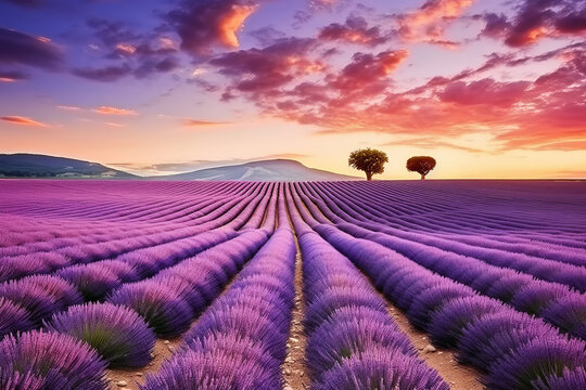 The lavender field stretches endlessly, bathed in the warm glow of a summer sunset. Hues of purple blend with the golden horizon, crafting a tranquil and picturesque landscape © Patryk