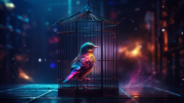 Illustration of a vibrant bird near a cage