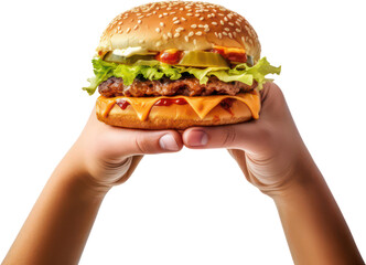 Hand holding delicious cheeseburger, bun, lettuce, tomato, meat, beef, PNG, Transparent, isolate.