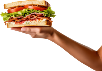 Hand holding delicious BLT Sandwich, bacon, lettuce, tomato, subway, PNG, Transparent, isolate.