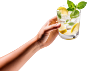 Hand holding glass of mojito refreshing ice lemonade lime mint, cocktail, PNG, Transparent, isolate.