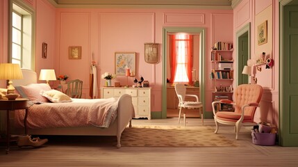 In a charming bedroom with a pink wall and a painted wooden floor, a bed, antique chest, and vintage armchair are set up.