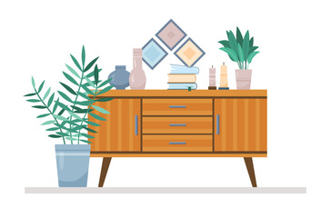 Flat living room concept with cabinet and home plants. Interior items of cozy modern midcentury design with books and vases on stand. Vector cartoon illustration with home decor elements and pictures