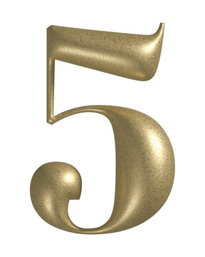 3d number 5 with realistic golden texture. Metal, inflate, luxury number five serif font, isolated on transparent background.
