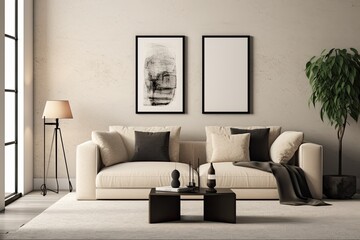 A beige sofa, a black console, a coffee table, a pouf, and a mock up poster frame are included in this stylish living room interior design. Copying space is available. Template