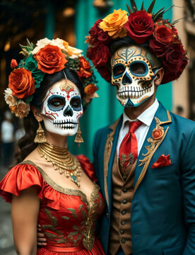 Vertical portrait of a Mexican man and woman dressed and made up as 'catrines' for the Day of the Dead parade in Mexico