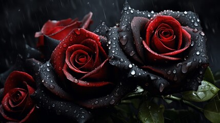 Black roses with water drops background
