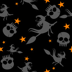 Halloween Vectors set. Halloween seamless pattern. Skeleton Skull of death, the smile of pumpkin, graveyard, witches, bat. and all with orange stars. Pattern for print on fabric and silk.