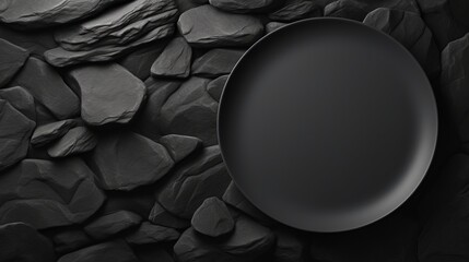 A black plate on top of a pile of rocks