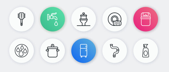 Set line Refrigerator, Trash can, Water drop, Industry metallic pipe, Washing dishes, Toilet bowl, Cleaning spray with detergent and Cooking pot icon. Vector