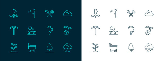 Set line Cloudy weather, Wheelbarrow, Sickle, Fruit tree, Plant sprouts grow in sun, Shovel and rake, Rooster vane and Scythe icon. Vector