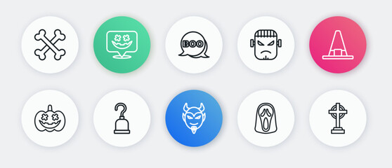 Set line Devil head, Witch hat, Pumpkin, Funny and scary ghost mask, Frankenstein face, Boo speech bubble, Tombstone with cross and Pirate hook icon. Vector
