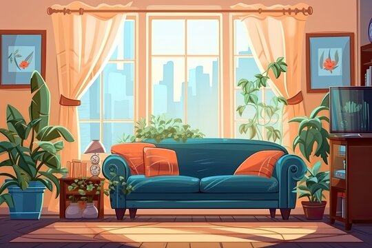 The inside of a living room. a comfortable sofa, a window, and a television a seat and houseplants. flat cartoon image formatted