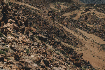 Very rocky volcanic formations on island  forming a lunar landscape