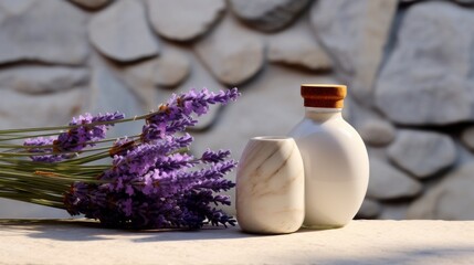 Bottle of essential oil and a jar of cream or lotion on a next to rocks