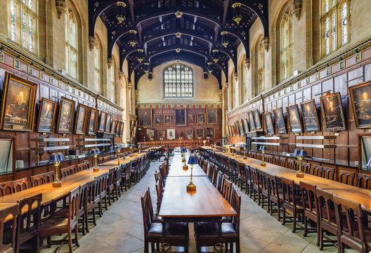 Oxford, UK - May 18, 2023: The Great Dining Hall of Christ Church college University of Oxford, England, was the seat of the parliament assembled by King Charles I during the English Civil War