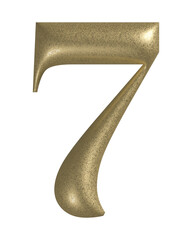 3d number 7 with realistic golden texture. Metal, inflate, luxury number seven serif font, isolated on transparent background.