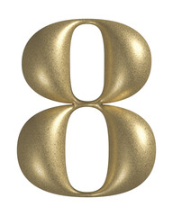 3d number 8 with realistic golden texture. Metal, inflate, luxury number eight serif font, isolated on transparent background.