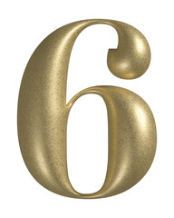 3d number 6 with realistic golden texture. Metal, inflate, luxury number six serif font, isolated on transparent background.