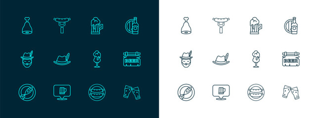 Set line Beer bottle and wooden barrel, Wooden beer mug, Glass of, Sausage, Oktoberfest hat, Chicken leg and on the fork icon. Vector