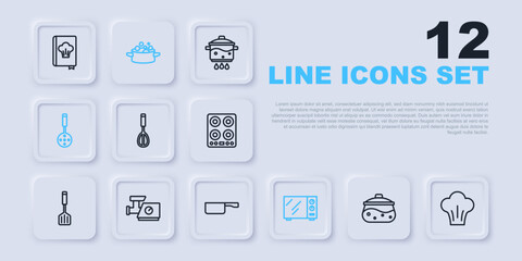 Set line Cooking pot, Chef hat, Kitchen whisk, Microwave oven, Spatula, meat grinder, and Frying pan icon. Vector